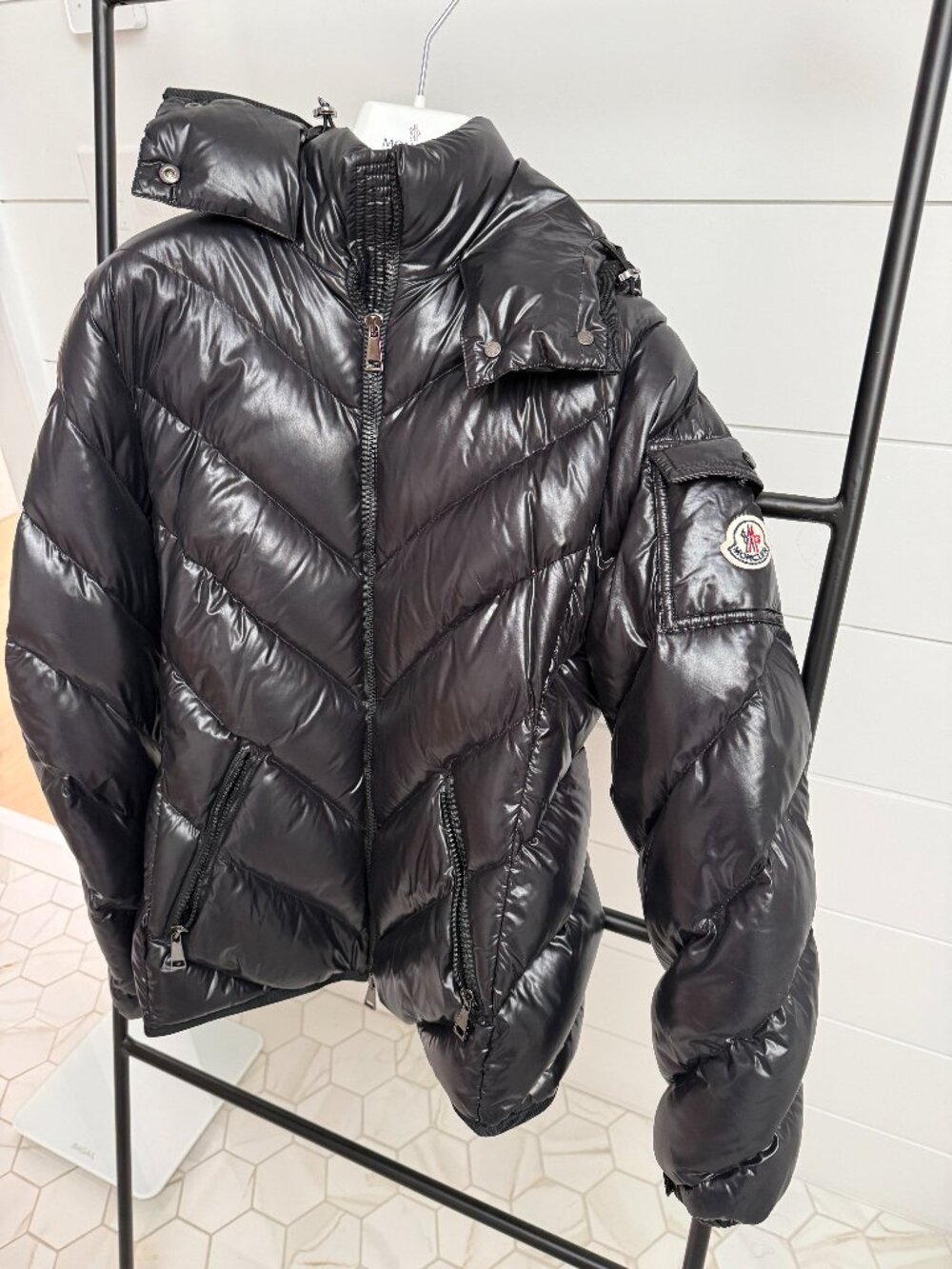Moncler Brouel Chevron Nylon Laque Down Quilted Jacket w Attached Hood sz1